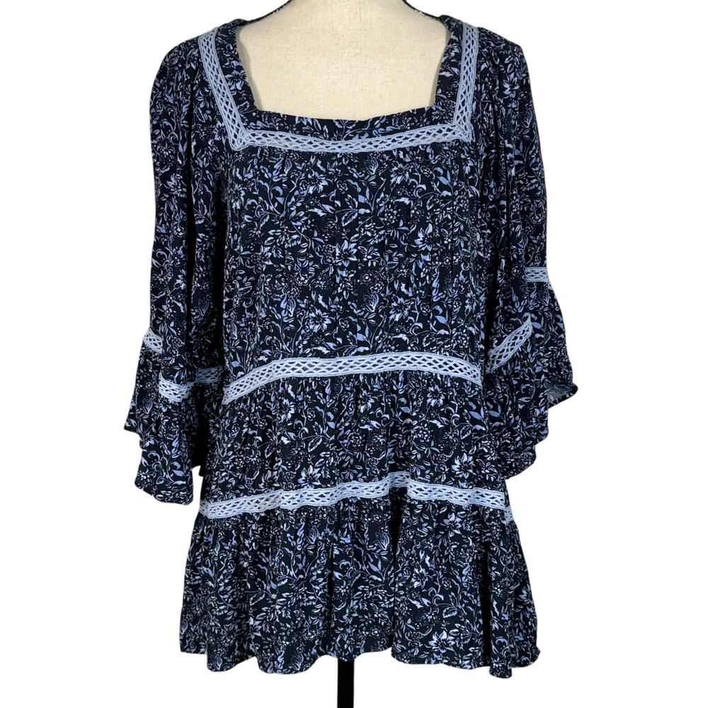 Free People Medium Tunic Top Floral Square Neck 3/4 Bell Sleeves Tiered Peasant